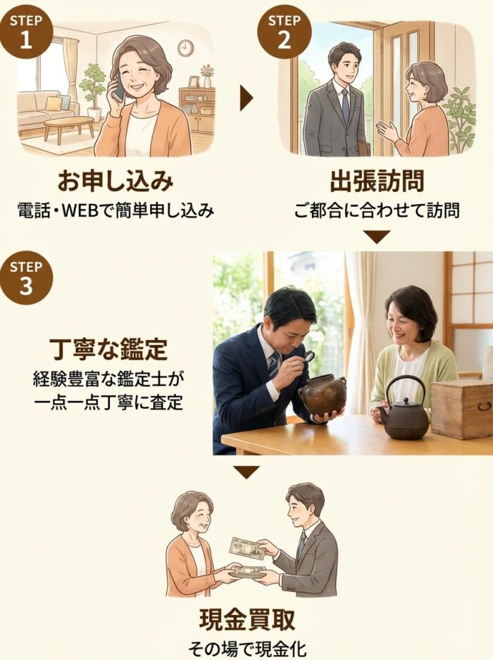 骨董品の出張買取の流れを示したイラスト